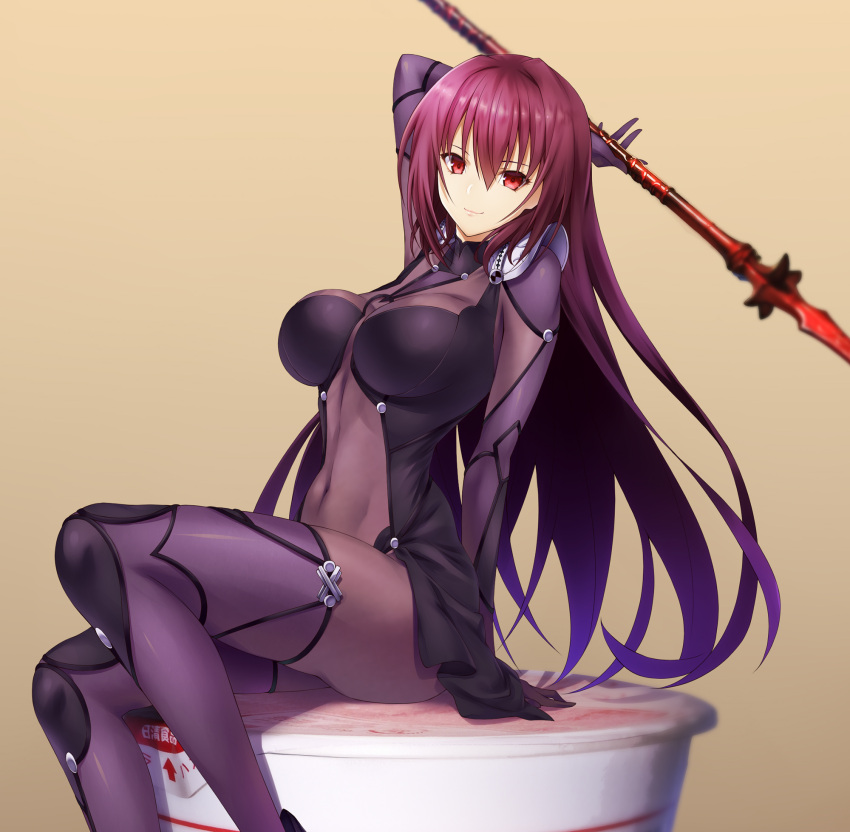 bodysuit breasts covered_navel emanon123 fate/grand_order fate_(series) gae_bolg gradient gradient_background hair_intakes highres holding holding_weapon impossible_bodysuit impossible_clothes large_breasts leotard long_hair looking_at_viewer pauldrons polearm purple_bodysuit purple_hair purple_leotard ramen red_eyes scathach_(fate)_(all) scathach_(fate/grand_order) sholding shoulder_armor simple_background sitting smile solo spear weapon