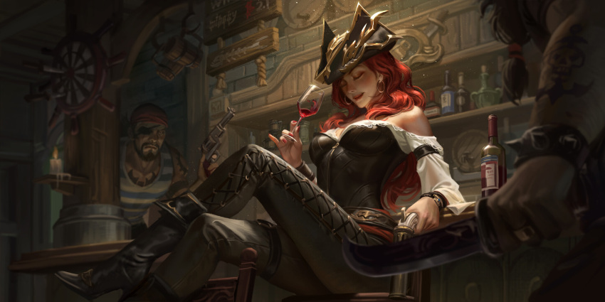 1girl 2boys antique_firearm bottle breasts chinahou closed_eyes corset cup dartboard drinking_glass earrings eyepatch firearm firelock flintlock gun handgun hat highres hoop_earrings jewelry knife large_breasts league_of_legends legs_crossed long_hair multiple_boys pirate pirate_hat pistol redhead revolver sarah_fortune sitting tagme tattoo tavern weapon wine_bottle wine_glass