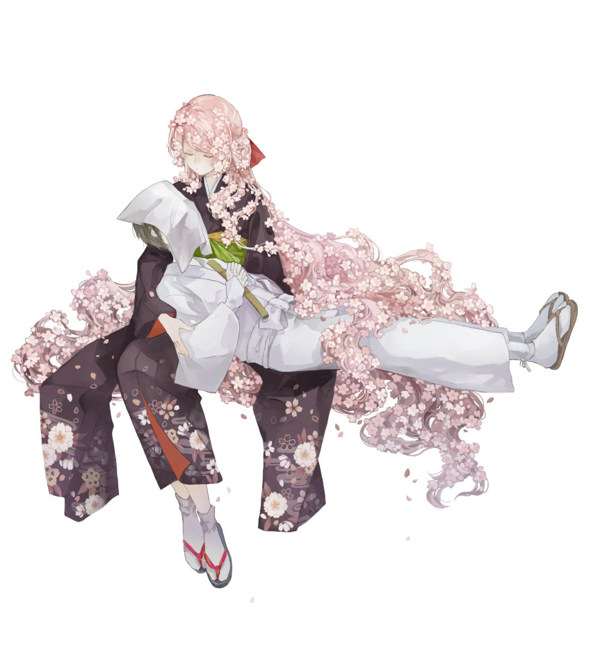 1boy 1girl absurdly_long_hair cherry_blossoms closed_eyes commentary_request corpse covered_face floral_print flower hands_together highres japanese_clothes kamura_gimi long_hair long_sleeves original pink_flower pink_hair sandals simple_background socks very_long_hair white_background white_flower wide_sleeves