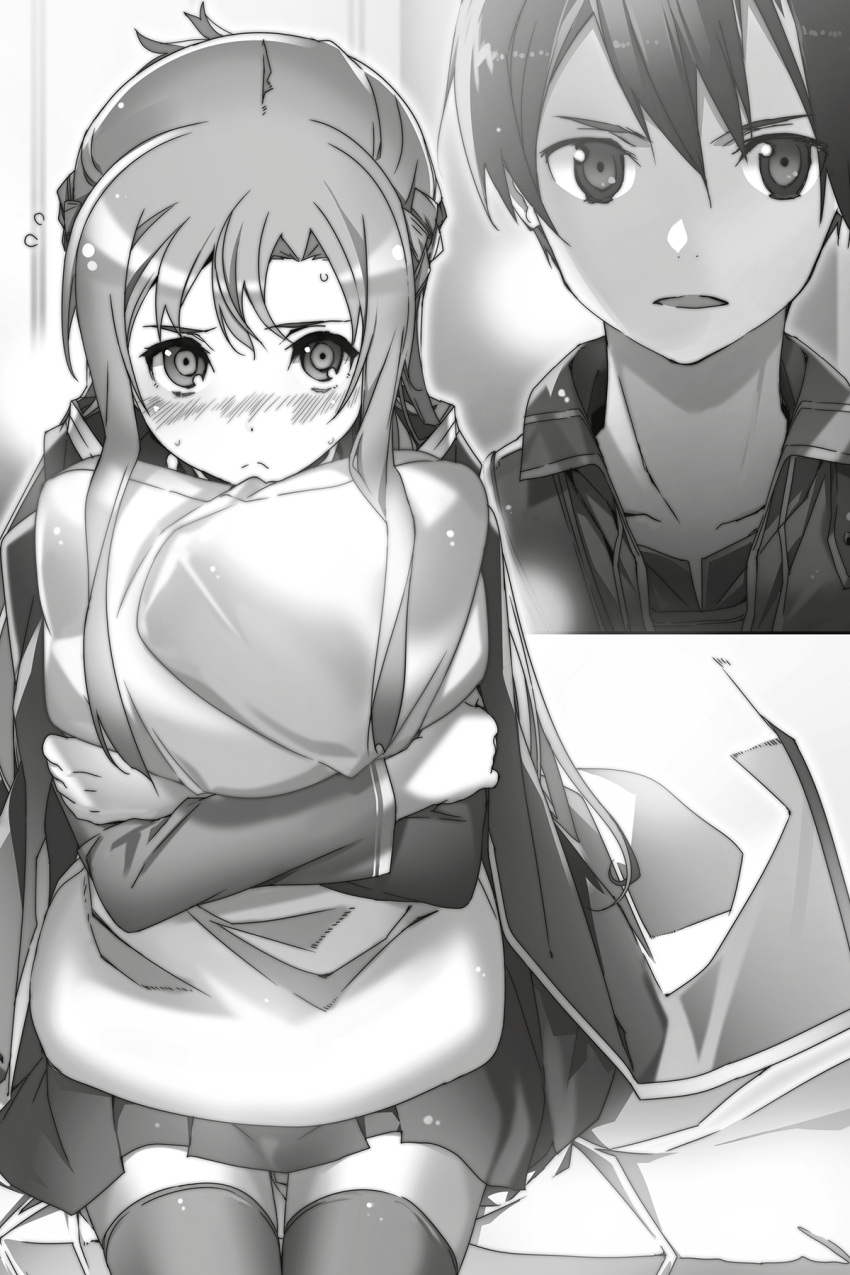 1boy 1girl abec asuna_(sao) blush braid collarbone crown_braid embarrassed greyscale hair_between_eyes highres kirito long_sleeves miniskirt monochrome novel_illustration official_art pillow pillow_hug pleated_skirt sitting skirt sweatdrop sword_art_online thigh-highs zettai_ryouiki