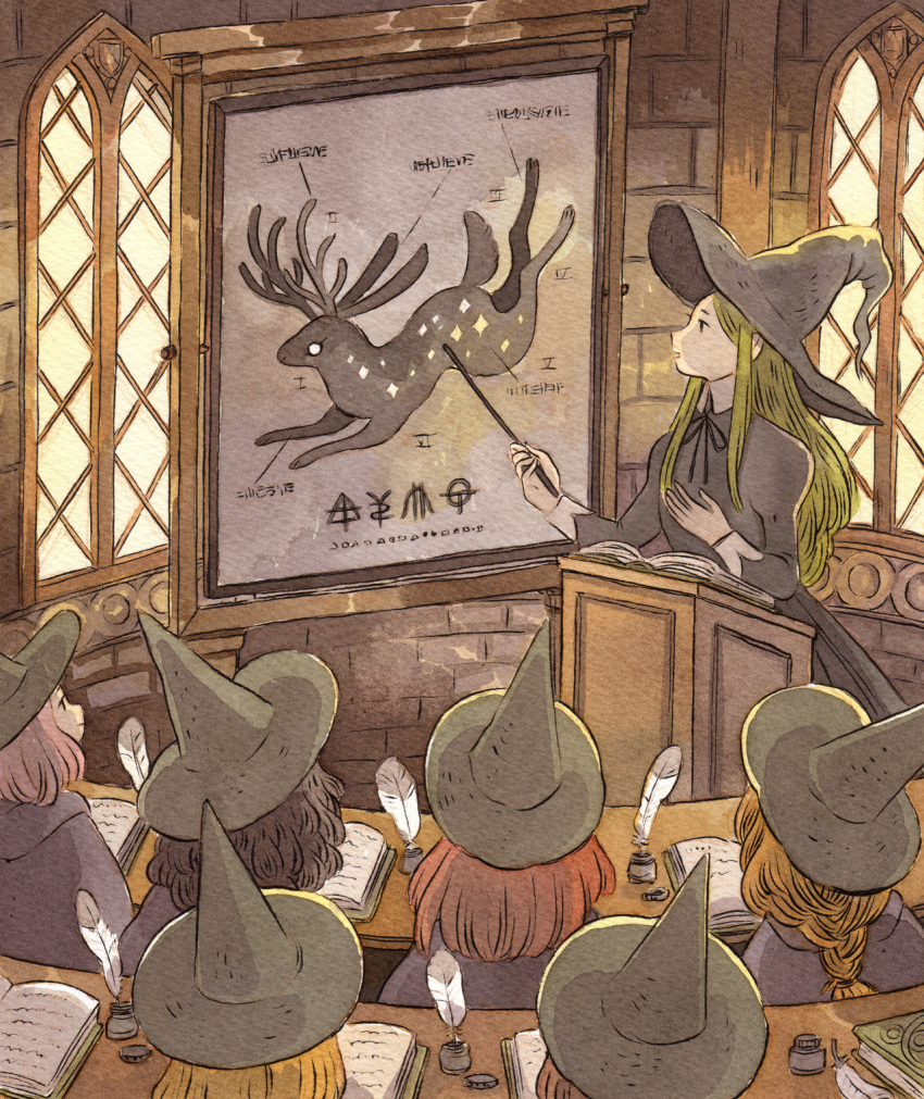 6+girls antlers black_dress black_hair black_headwear blonde_hair book braid brown_hair classroom dress feathers green_hair hand_up hat heikala highres inktober inkwell juliet_sleeves long_hair long_sleeves multiple_girls open_book original podium profile puffy_sleeves quill teacher teaching witch witch_hat