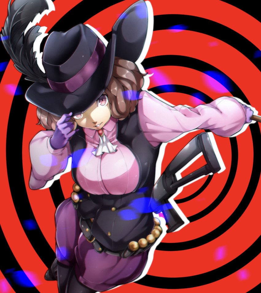 1girl black_feathers black_headwear black_legwear collared_shirt dress_shirt from_above gloves hat hat_feather hat_ribbon highres holding imo_(evekelu-111) legwear_under_shorts long_sleeves looking_at_viewer okumura_haru pantyhose persona persona_5 pink_shirt puffy_shorts puffy_sleeves purple_gloves purple_ribbon purple_shorts ribbon shirt short_shorts shorts solo standing wing_collar