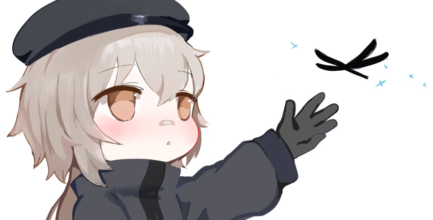 1girl animal bandaid bandaid_on_nose bangs beret black_gloves blush brown_eyes bug commentary_request dokomon dragonfly eyebrows_visible_through_hair girls_frontline gloves grey_headwear grey_jacket hair_between_eyes hand_up hat highres hs2000_(girls_frontline) insect jacket korean_commentary light_brown_hair long_sleeves looking_at_animal looking_away outstretched_arm parted_lips solo upper_body