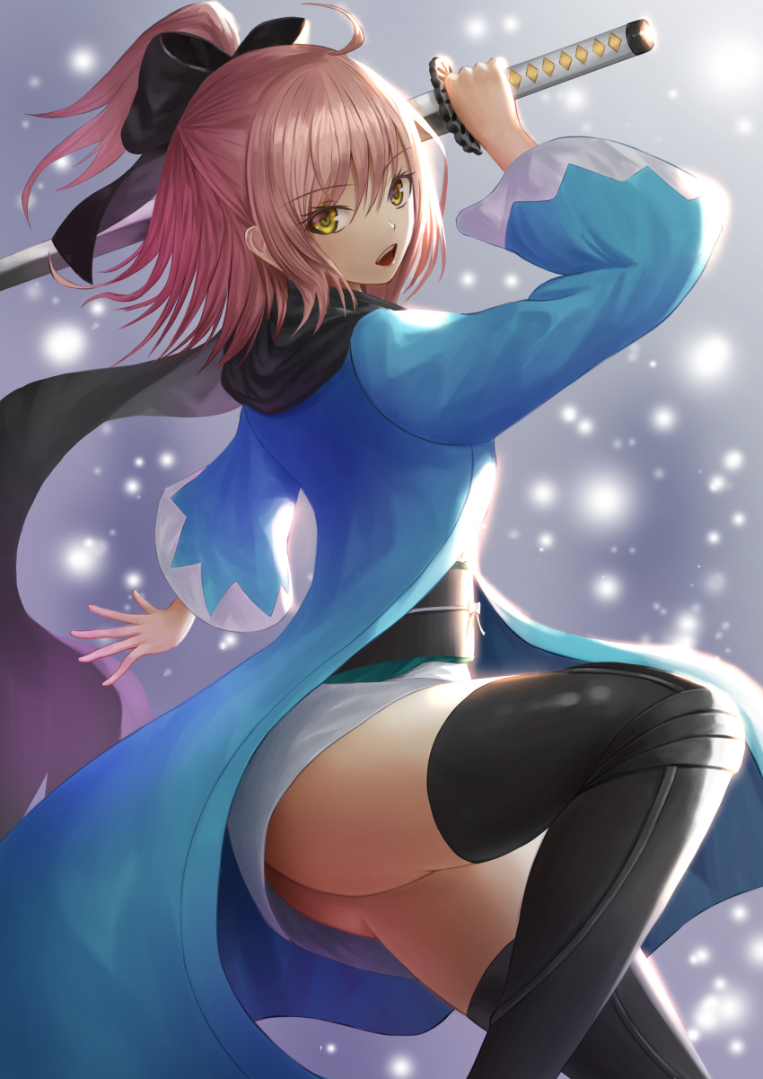1girl absurdres ahoge ass black_ribbon black_scarf board_game bow dutch_angle fate/grand_order fate_(series) from_below fujifuji924 go hair_bow highres katana looking_at_viewer obi okita_souji_(fate) okita_souji_(fate)_(all) open_mouth pink_hair ribbon sash scarf solo sword thigh-highs thighs weapon wide_sleeves yellow_eyes