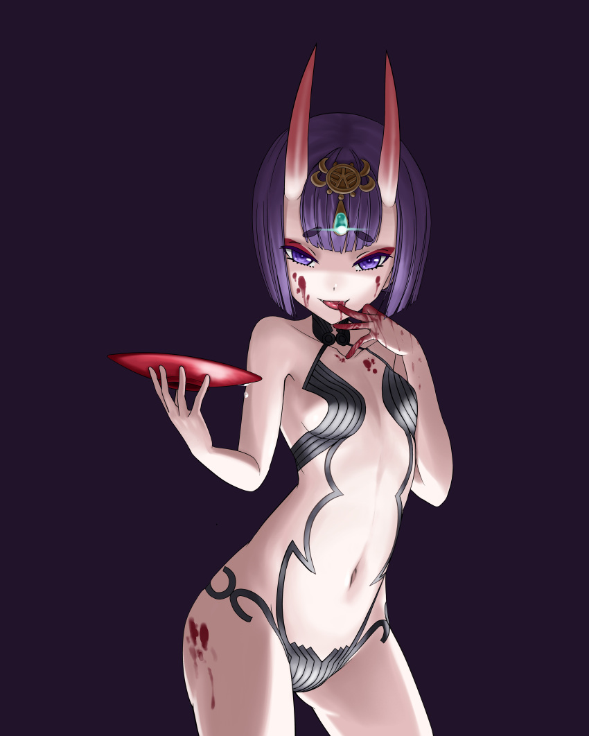 1girl absurdres bare_arms bare_shoulders blood blood_on_face bloody_hands blue_background breasts commentary_request cowboy_shot cup dark_background eyebrows_visible_through_hair fangs fate/grand_order fate_(series) finger_to_mouth highres horns kairopoda looking_at_viewer navel oni oni_horns purple_hair revealing_clothes sakazuki short_hair shuten_douji_(fate/grand_order) simple_background small_breasts smile solo tongue tongue_out violet_eyes