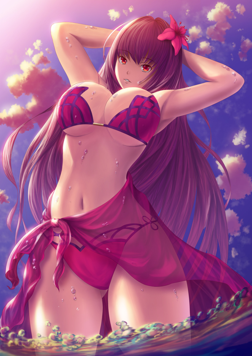 1girl absurdres armpits bikini blue_sky breasts cleavage clouds dutch_angle fate/grand_order fate_(series) flower fujifuji924 gluteal_fold hair_flower hair_ornament hands_in_hair highres large_breasts long_hair navel purple_hair red_eyes sailor_collar scathach_(fate)_(all) scathach_(fate/grand_order) sky solo swimsuit under_boob wading water