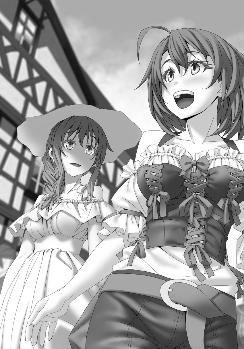 2girls :d ahoge belt braid braided_ponytail corset cow_girl_(goblin_slayer!) day dress eyebrows_visible_through_hair goblin_slayer! greyscale guild_girl_(goblin_slayer!) hair_between_eyes hair_over_shoulder hair_ribbon hat highres kannatsuki_noboru monochrome multiple_girls novel_illustration official_art open_mouth outdoors pants ribbon single_braid sleeveless sleeveless_dress smile standing sun_hat sundress