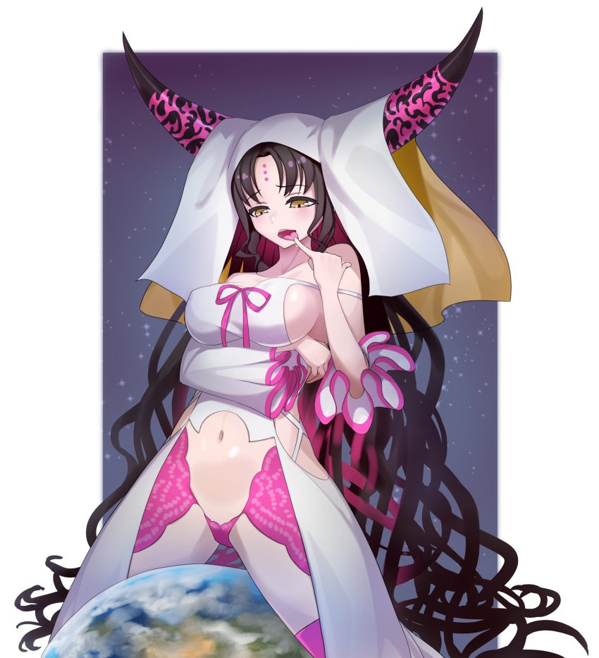 1girl absurdly_long_hair absurdres bangs bare_shoulders black_hair blush breasts collarbone commentary_request earth eyebrows_visible_through_hair facial_mark fate/extra fate/extra_ccc fate/grand_order fate_(series) forehead_mark highres horns kairopoda large_breasts long_hair long_horns long_sleeves looking_down mismatched_sleeves navel open_mouth panties parted_bangs pink_legwear pink_panties sesshouin_kiara solo thigh-highs tongue tongue_out underwear veil very_long_hair wavy_hair yellow_eyes