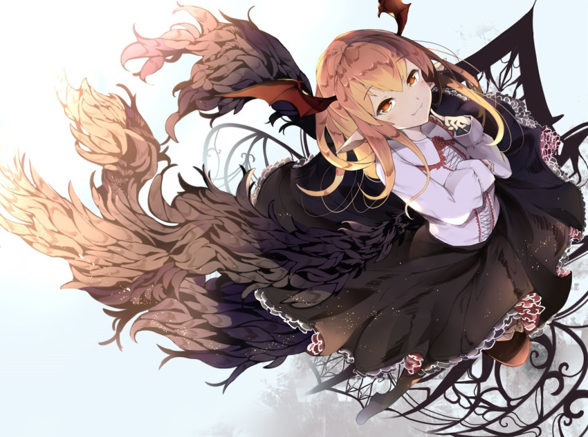 1girl bangs bat_wings black_skirt black_wings blonde_hair brown_legwear closed_mouth collared_shirt commentary_request eyebrows_visible_through_hair fang fang_out feathered_wings frilled_shirt_collar frills granblue_fantasy hair_between_eyes hand_up head_wings long_hair long_sleeves no_shoes pantyhose pointy_ears red_wings shirt skirt sleeves_past_wrists smile solo vampy venomrobo white_shirt wings