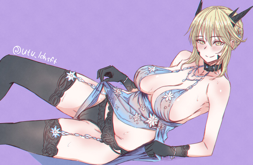 1girl artoria_pendragon_(all) artoria_pendragon_(lancer_alter) bare_shoulders black_gloves black_legwear black_panties blonde_hair blush bracelet breasts choker cleavage erect_nipples eyebrows_visible_through_hair fate/grand_order fate_(series) game_cg garter_belt gloves highres horns jewelry large_breasts lingerie looking_at_viewer lying on_back panties purple_background royal_icing simple_background smile solo sweat thigh-highs underwear utu_(ldnsft) yellow_eyes