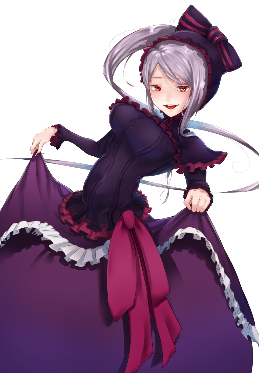 1girl absurdres ame_(memory_a) bow breasts commentary_request dress fang frilled_dress frills gothic_lolita highres large_breasts lolita_fashion long_dress long_hair long_sleeves looking_at_viewer open_mouth overlord_(maruyama) pink_ribbon ponytail red_eyes ribbon shalltear_bloodfallen silver_hair simple_background skirt_hold smile solo vampire very_long_hair white_background