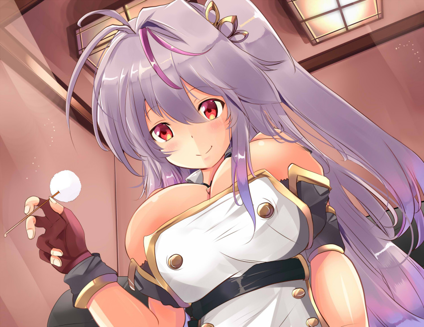 1girl azur_lane bangs bare_shoulders blush breasts cleavage commentary_request double-breasted eyebrows_visible_through_hair fingerless_gloves gloves grenville_(azur_lane) hair_between_eyes indoors large_breasts long_hair looking_at_viewer mimikaki multicolored_hair one_side_up pov purple_hair red_eyes short_sleeves smile solo streaked_hair tonchinkan very_long_hair