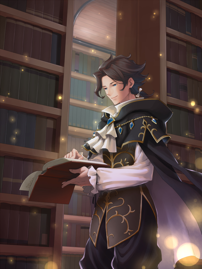 1boy black_cape black_hair blue_eyes book bookshelf bow brooch cape cravat cyrus_(octopath_traveler) esaka gem hair_bow highres holding holding_book indoors jewelry library long_sleeves male_focus octopath_traveler open_book ponytail reading short_ponytail sile smile solo standing white_bow