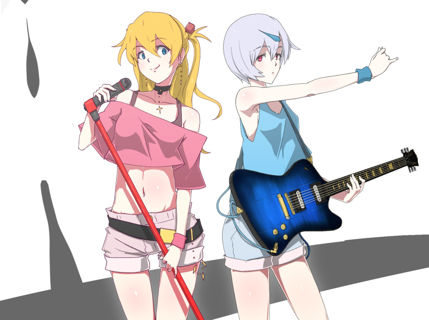2girls ayanami_rei belt blonde_hair blue_eyes blue_shirt blue_shorts breasts choker cleavage cowboy_shot earrings eyebrows_visible_through_hair grey_shorts hair_between_eyes hair_ornament highres holding holding_instrument holding_microphone instrument jewelry konbari_tariumu long_hair looking_at_viewer microphone midriff multiple_girls navel necklace neon_genesis_evangelion off-shoulder_shirt off_shoulder outstretched_arm pink_shirt red_eyes shirt short_hair short_shorts shorts side_ponytail sideboob silver_hair sleeveless sleeveless_shirt small_breasts smile souryuu_asuka_langley standing stomach thigh_gap white_background wristband