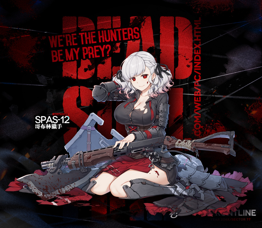 1girl alternate_costume armor axe bangs belt black_background black_ribbon blood blood_drip blood_on_face bloody_clothes bloody_weapon braid breastplate breasts character_name cleavage corset crazy_eyes damaged dress elbow_pads eyebrows_visible_through_hair flag full_body girls_frontline gloves gradient_hair greaves grey_dress grey_hair gun hand_behind_head highres holding holding_gun holding_weapon large_breasts long_hair looking_at_viewer multicolored_hair namesake neck_ribbon official_art plate_armor pouch red_eyes red_ribbon redhead ribbon shield shotgun shotgun_shells sidelocks silver_hair sitting slit_pupils smile solo spas-12 spas-12_(girls_frontline) sword terras torn_clothes twintails wariza weapon