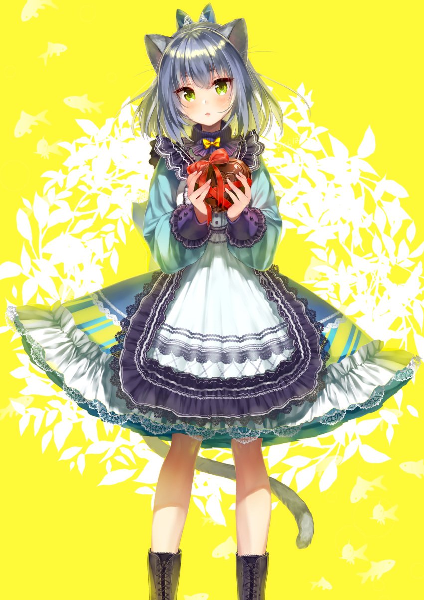 1girl animal_ears apron blush boots bow brown_footwear cat_ears cat_tail chocolate chocolate_heart cross-laced_footwear dress feet_out_of_frame fish food frilled_apron frilled_dress frills gift green_eyes hair_bow heart highres holding holding_food holding_gift itofuya lace lace-trimmed_apron lace-trimmed_dress lace-up_boots lolita_fashion long_sleeves looking_at_viewer medium_hair no_socks original parted_lips puffy_long_sleeves puffy_sleeves red_ribbon ribbon silver_hair solo standing tail two-tone_background valentine yellow_background