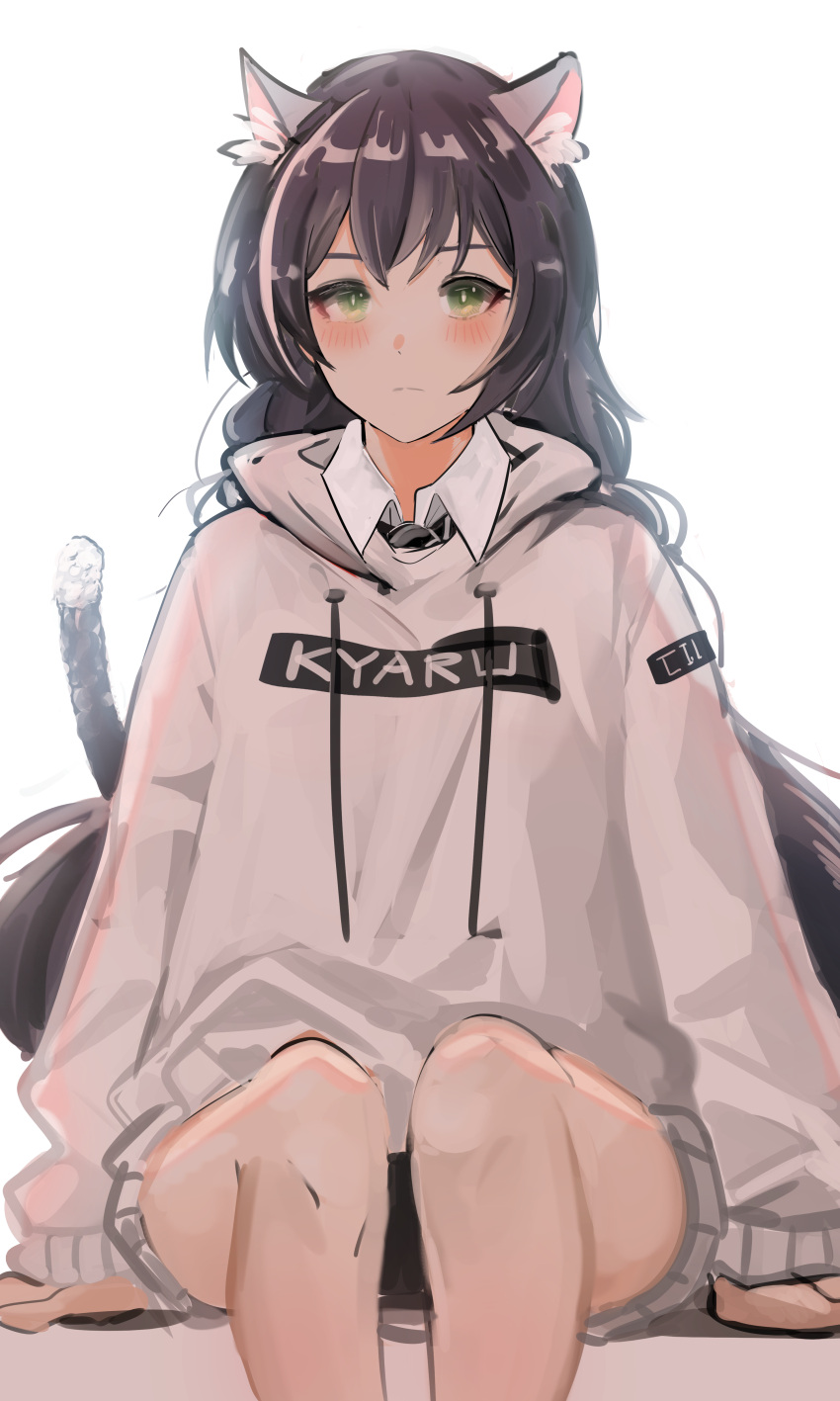 1girl absurdres animal_ear_fluff animal_ears bangs black_hair blush cat_ears cat_girl cat_tail character_name cizzi closed_mouth clothes_writing commentary_request drawstring eyebrows_behind_hair green_eyes hair_between_eyes highres hood hood_down hoodie kyaru_(princess_connect) long_hair long_sleeves multicolored_hair princess_connect! princess_connect!_re:dive simple_background sketch sleeves_past_wrists solo streaked_hair tail tail_raised very_long_hair white_background white_hair white_hoodie