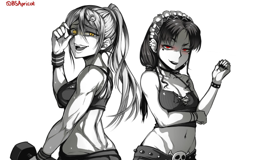 2girls back-to-back belt biceps black_hole black_hole-sensei borrowed_design breasts choker collarbone commentary danielle_brindle dumbbell ear_piercing english_commentary fangs greyscale groin hair_ornament hairclip half-closed_eyes highres lipstick long_hair looking_at_viewer low_twintails m87_black_hole maid_headdress makeup medium_breasts midriff mole mole_under_eye monochrome multiple_girls navel original personification piercing ponytail raised_eyebrow red_eyes shaded_face skull small_breasts sports_bra spot_color standing studded_belt studded_bracelet sweat toned twintails white_background yellow_eyes