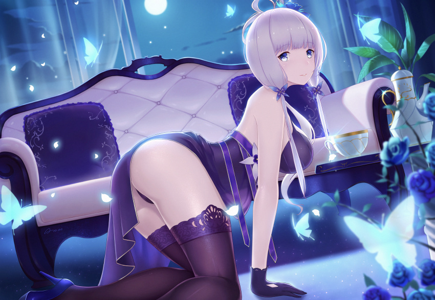 1girl alexiel_(pixiv6211566) all_fours ass azur_lane bangs bare_shoulders black_legwear blue_dress blue_eyes blue_flower blue_footwear blue_rose breasts commentary_request couch cup curtains dress flower full_moon gloves hair_ornament high_heels highres illustrious_(azur_lane) illustrious_(never-ending_tea_party)_(azur_lane) large_breasts long_hair looking_at_viewer low_twintails moon moonlight night night_sky panties revision rose silver_hair sky solo teacup teapot thigh-highs thighs twintails underwear window