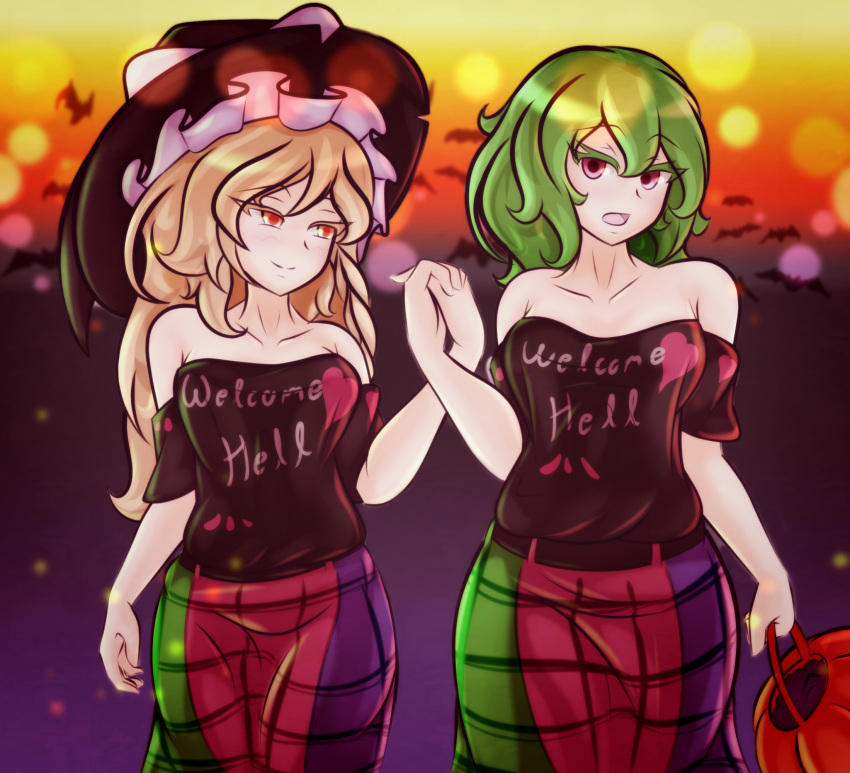 2girls bare_shoulders bat blonde_hair braid breasts cafeier collarbone commentary cosplay dress english_commentary eyebrows_visible_through_hair gradient gradient_background green_hair halloween halloween_basket hand_holding hat hecatia_lapislazuli hecatia_lapislazuli_(cosplay) highres kazami_yuuka kirisame_marisa large_breasts long_hair looking_at_another multicolored multicolored_clothes multicolored_dress multiple_girls off-shoulder_shirt off_shoulder red_eyes shirt smile touhou witch_hat