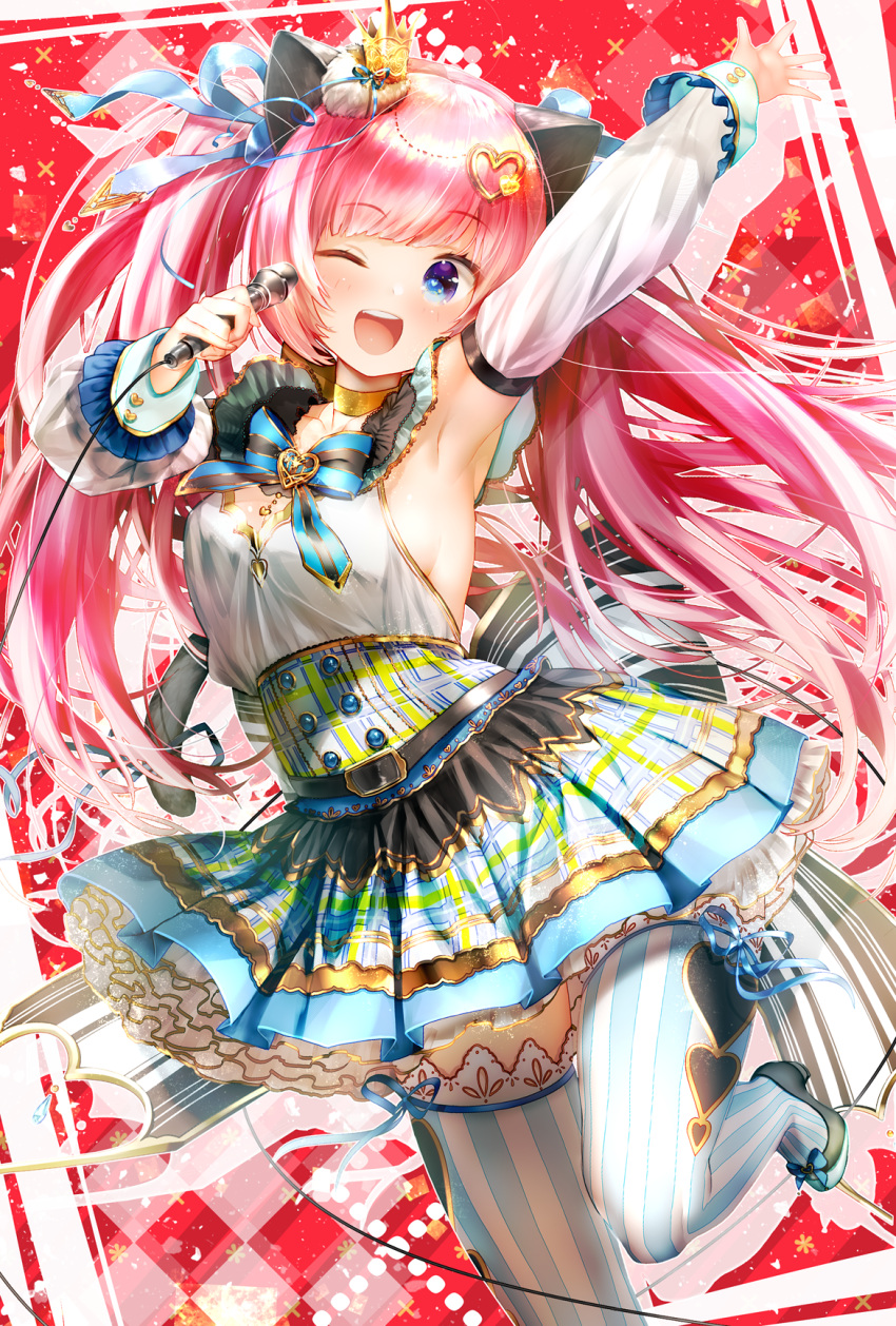 1girl ;d animal_ears arm_up armpits back_bow belt blue_eyes blue_legwear blue_ribbon blush bow bowtie breasts cat_ears cat_tail choker commentary_request crown detached_sleeves frilled_sleeves frills hair_ornament hair_ribbon hand_up heart heart-shaped_pupils heart_hair_ornament heart_print highres holding holding_microphone idol itofuya lace lace-trimmed_legwear leg_up long_hair long_sleeves looking_at_viewer medium_breasts microphone mini_crown miniskirt one_eye_closed open_mouth original petticoat pink_hair plaid plaid_skirt pleated_skirt red_background ribbon shoe_bow shoes sideboob skirt smile solo striped striped_legwear symbol-shaped_pupils tail tail_ribbon thigh-highs tilted_headwear twintails vertical-striped_legwear vertical_stripes very_long_hair zettai_ryouiki