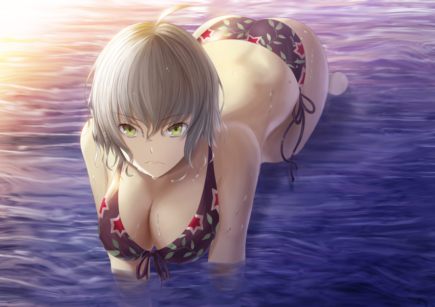 &gt;:( 1girl absurdres ahoge all_fours ass bikini breasts cleavage droplets fate/grand_order fate_(series) front-tie_bikini front-tie_top frown fujifuji924 green_eyes grey_hair hair_between_eyes highres jeanne_d'arc_(alter)_(fate) jeanne_d'arc_(fate)_(all) large_breasts looking_at_viewer partially_submerged short_hair side-tie_bikini swimsuit wading water wet wet_hair