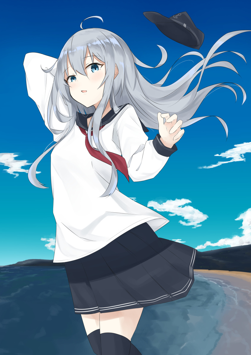 1girl absurdres black_legwear black_skirt blue_eyes blue_sky blush clouds evening_rabbit flat_cap gradient_sky hair_between_eyes hat hibiki_(kantai_collection) highres kantai_collection long_hair long_sleeves looking_at_viewer ocean open_mouth pleated_skirt red_neckwear sailor_collar school_uniform serafuku silver_hair skirt sky solo thigh-highs