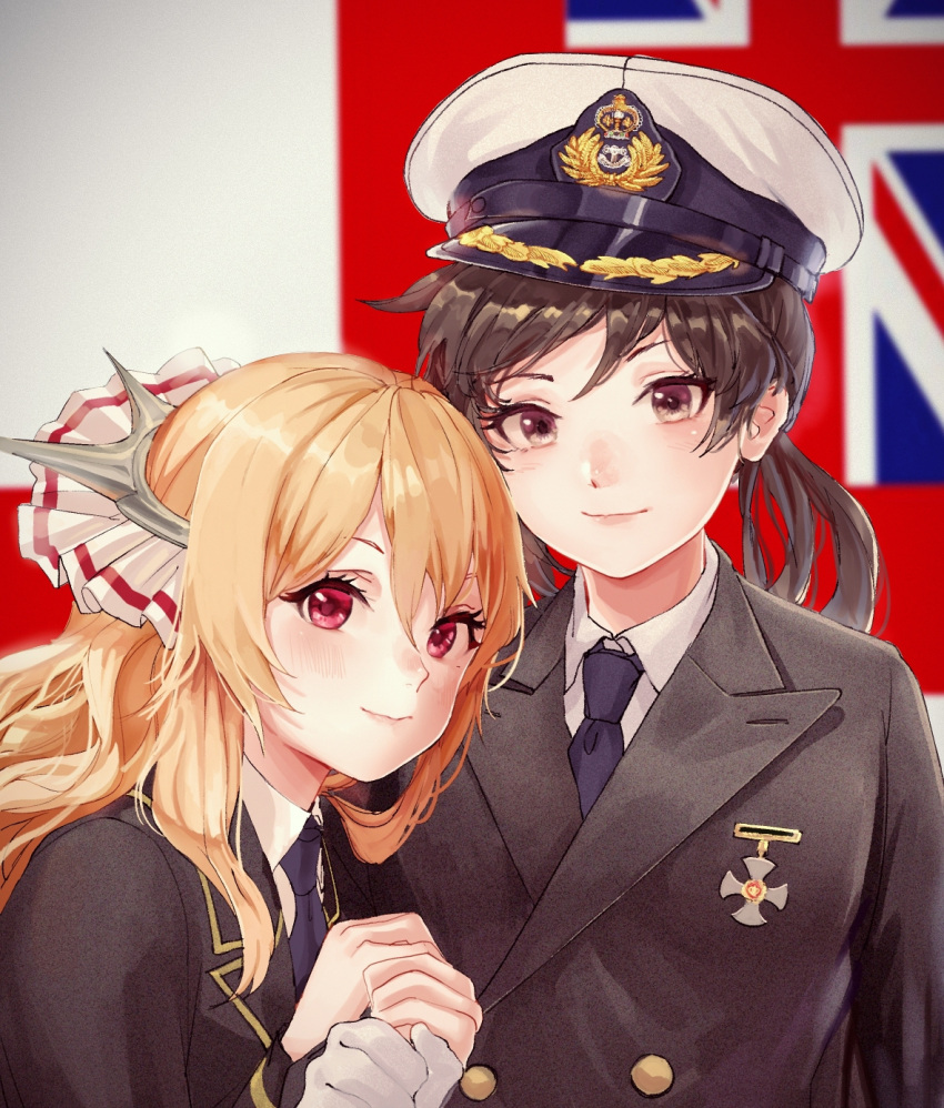 2girls black_jacket blonde_hair blue_neckwear brown_eyes female_admiral_(warship_girls_r) gloves hat highres jacket long_hair military military_uniform multiple_girls naval_uniform necktie peaked_cap red_eyes remodel_(warship_girls_r) tuzik10 uniform upper_body warship_girls_r warspite_(warship_girls_r) white_ensign white_gloves white_headwear