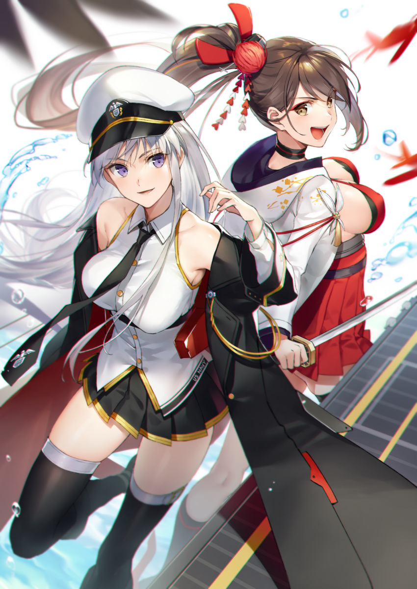 2girls :d azur_lane bangs black_coat black_legwear blurry blurry_foreground blush breasts brown_eyes brown_hair choker cleavage clothes_writing day depth_of_field dress enterprise_(azur_lane) eyebrows_visible_through_hair eyeliner floating_hair hand_up hat highres holding holding_sword holding_weapon hood hood_down hooded_kimono hoodie japanese_clothes katana kimono kneehighs large_breasts leg_up long_hair long_sleeves looking_at_viewer makeup military_hat multiple_girls necktie ocean off_shoulder official_art open_clothes open_kimono open_mouth outdoors pleated_skirt ponytail red_dress red_skirt shirt sidelocks skirt sleeveless sleeveless_shirt smile standing standing_on_one_leg sword thigh-highs tokki untucked_shirt violet_eyes water_drop weapon white_hair white_kimono wind zettai_ryouiki zuikaku_(azur_lane)