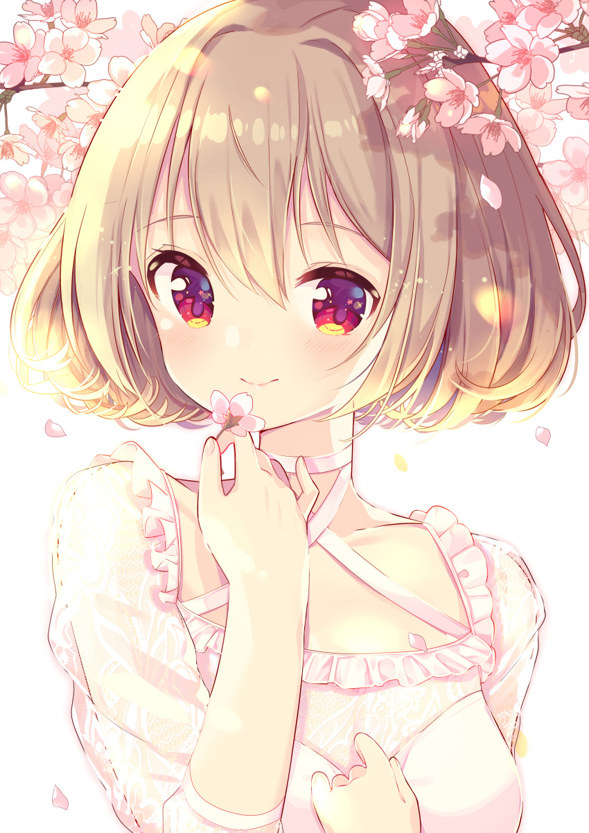 1girl absurdres bangs breasts cherry_blossoms closed_mouth collarbone commentary_request eyebrows_visible_through_hair flower hair_between_eyes hair_intakes hand_up hands_up highres holding holding_flower ikari_(aor3507) light_brown_hair long_sleeves original petals pink_flower puffy_long_sleeves puffy_sleeves red_eyes see-through see-through_sleeves shirt short_hair small_breasts smile solo tree_branch upper_body white_shirt