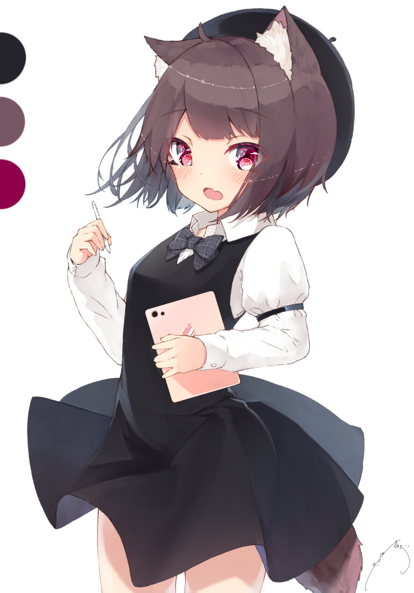 1girl absurdres animal_ears bangs black_dress blush bow bowtie brown_hair collared_shirt commentary_request dress dress_shirt eyebrows_visible_through_hair fang grey_neckwear hand_up highres holding holding_stylus holding_tablet_pc long_sleeves mayogii open_mouth original red_eyes shirt signature simple_background sleeveless sleeveless_dress sleeves_past_wrists solo stylus tablet_pc tail white_background white_shirt