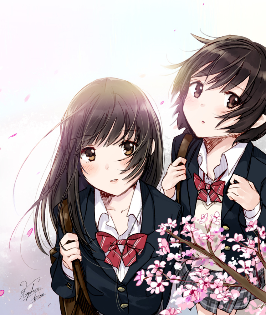 2girls bag black_hair black_jacket blazer blush bow bowtie brown_eyes brown_hair cherry_blossoms closed_mouth collarbone collared_shirt commentary_request from_above gradient gradient_background grey_background grey_skirt highres jacket kazuharu_kina long_hair long_sleeves looking_at_viewer looking_up miniskirt multiple_girls open_clothes open_shirt original parted_lips petals plaid plaid_skirt pleated_skirt red_bow red_neckwear school_bag school_uniform shirt short_hair skirt smile spring_(season) tareme upper_body white_background white_shirt