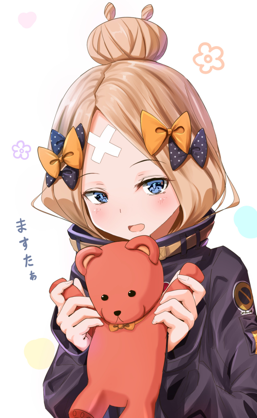 1girl abigail_williams_(fate/grand_order) absurdres bandaid_on_forehead bangs belt black_bow black_jacket blonde_hair blue_eyes blush bow crossed_bandaids fate/grand_order fate_(series) forehead hair_bow hair_bun heroic_spirit_traveling_outfit high_collar highres holding holding_stuffed_animal jacket long_hair long_sleeves looking_at_viewer open_mouth orange_bow parted_bangs polka_dot polka_dot_bow sakazakinchan smile stuffed_animal stuffed_toy teddy_bear white_background