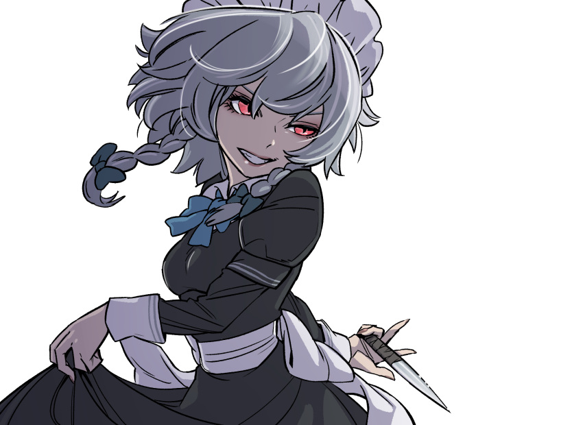 1girl alternate_costume bangs black_dress blue_bow blue_neckwear bow bowtie braid breasts clenched_teeth commentary_request cowboy_shot dress eyeshadow green_bow hair_bow head_tilt highres holding holding_knife holding_weapon izayoi_sakuya juliet_sleeves kawayabug knife lipstick long_sleeves maid maid_headdress makeup medium_breasts pink_lipstick puffy_sleeves red_eyes sash short_hair silver_hair simple_background skirt_hold smile solo teeth touhou twin_braids v-shaped_eyebrows weapon white_background white_sash wing_collar