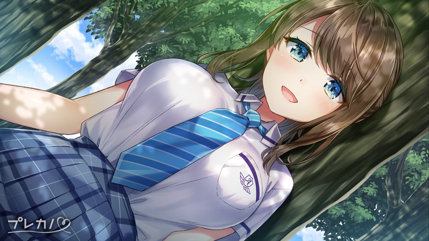 1girl blue_eyes blue_neckwear blue_sky breast_pocket breasts brown_hair clouds collared_shirt copyright_request day dutch_angle grey_skirt half_updo large_breasts long_hair looking_at_viewer masuishi_kinoto necktie official_art outdoors plaid plaid_skirt pleated_skirt pocket school_uniform shirt shirt_tucked_in skirt sky solo standing striped striped_neckwear tree upper_body white_shirt