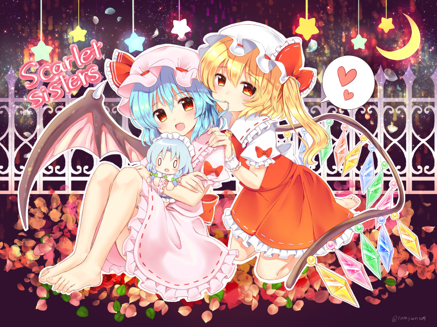 0_0 2girls absurdres artist_name ascot bangs barefoot bat_wings blonde_hair blue_hair blush bow braid character_doll commentary_request crescent crystal doll dress eyebrows_visible_through_hair flandre_scarlet frilled_bow frilled_ribbon frilled_shirt_collar frills full_body green_bow hair_between_eyes hair_bow hair_in_mouth hand_on_another's_shoulder hat hat_bow hat_ribbon head_tilt heart highres holding holding_doll huge_filesize izayoi_sakuya kneeling knees_up leaf light_particles long_hair looking_at_viewer maid maid_headdress miniskirt mob_cap mouth_hold multiple_girls one_side_up open_mouth outline petals petticoat pink_dress pink_headwear puffy_short_sleeves puffy_sleeves ramudia_(lamyun) red_bow red_eyes red_ribbon red_skirt red_vest remilia_scarlet ribbon ribbon-trimmed_collar ribbon-trimmed_dress ribbon_trim shirt short_hair short_sleeves siblings silver_hair sisters skin_fang skirt skirt_set smile spoken_heart star touhou twin_braids twitter_username vest white_headwear white_outline white_shirt wings wrist_cuffs yellow_neckwear