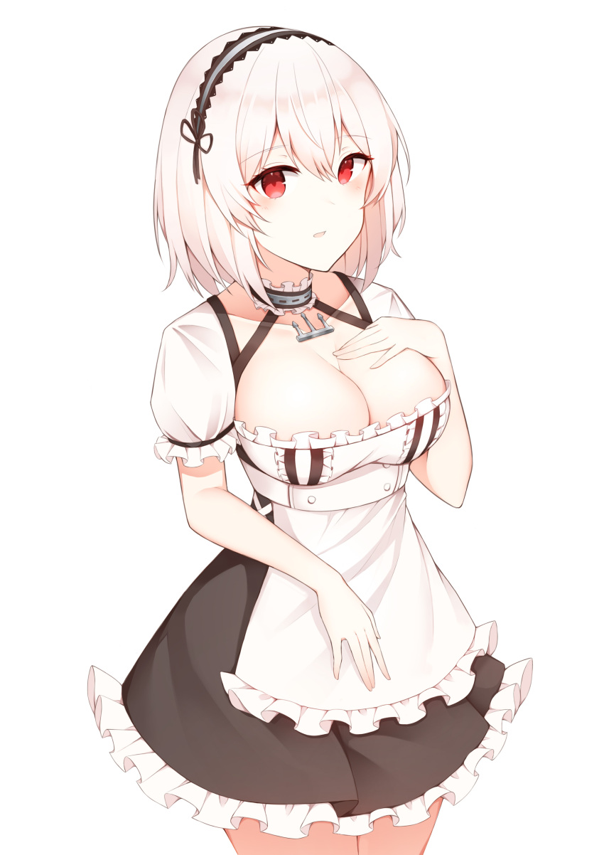 1girl absurdres apron azur_lane bangs breasts buttons choker cleavage collarbone cowboy_shot dress frilled_apron frilled_choker frilled_dress frills hand_on_own_chest hand_up headdress highres large_breasts looking_at_viewer maid maid_apron paaru parted_lips red_eyes short_hair short_sleeves simple_background sirius_(azur_lane) solo standing thighs waist_apron white_background white_hair