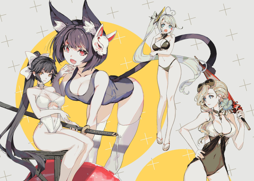 4girls :o ahoge animal_ears azur_lane bare_legs bent_over bikini black_bikini black_hair blonde_hair blue_eyes blue_swimsuit bow breast_hold breasts brown_eyes casual_one-piece_swimsuit cat_ears cat_tail choker cleavage covered_navel criss-cross_halter earrings eyebrows_visible_through_hair eyewear_on_head fang flip-flops flower front-tie_bikini front-tie_top hair_bow hair_flower hair_ornament hair_over_shoulder halterneck heart heart-shaped_pupils heart_ahoge highres hood_(azur_lane) jewelry katana large_breasts long_hair low_ponytail mask mask_on_head multiple_girls navel navel_cutout old_school_swimsuit one-piece_swimsuit ponytail portland_(azur_lane) red_eyes saimon_ma sandals school_swimsuit side_ponytail silver_hair sitting sunglasses swimsuit sword symbol-shaped_pupils tail takao_(azur_lane) takao_(beach_rhapsody)_(azur_lane) thigh-highs very_long_hair weapon white_legwear white_swimsuit yamashiro_(azur_lane)