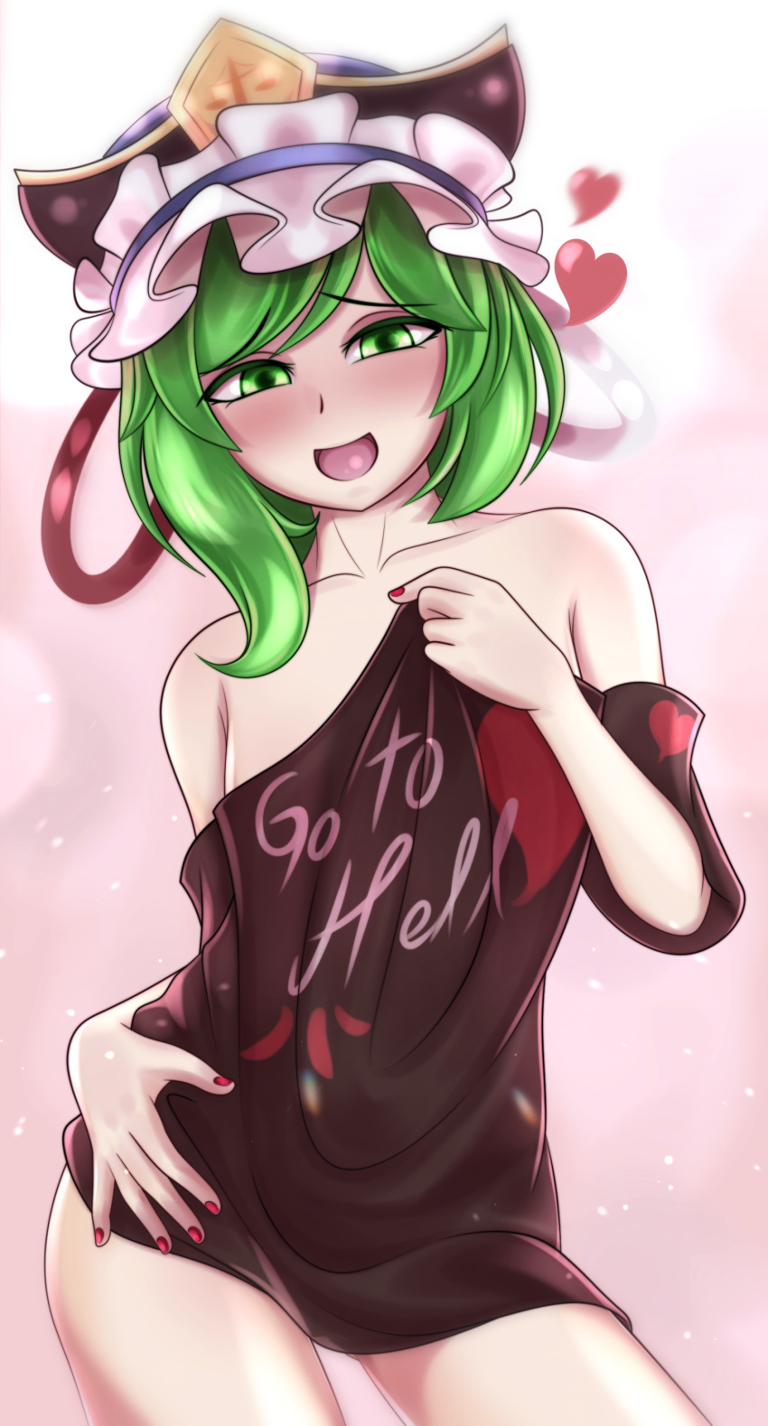 1girl absurdres ass_visible_through_thighs blush cafeier clothes_writing collarbone detached_sleeves eyebrows_visible_through_hair fingernails gradient gradient_background green_eyes green_hair hat heart highres looking_at_viewer low_neckline medium_hair nail_polish naked_shirt open_mouth pink_background red_nails shiki_eiki shirt smile solo touhou
