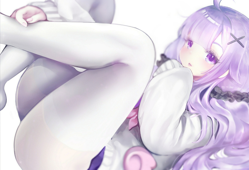 1girl :o ahoge ass azur_lane bangs blunt_bangs cardigan hair_ornament hair_scrunchie highres lavender_eyes lavender_hair legs_crossed legs_up long_hair lying nail_polish neckerchief on_back open_mouth pantyhose pink_nails pink_neckwear purple_scrunchie rasukii_(pamiton) scrunchie shiny shiny_hair sidelocks solo thighband_pantyhose thighs unicorn_(amusement_park_date)_(azur_lane) unicorn_(azur_lane) white_cardigan white_legwear x_hair_ornament