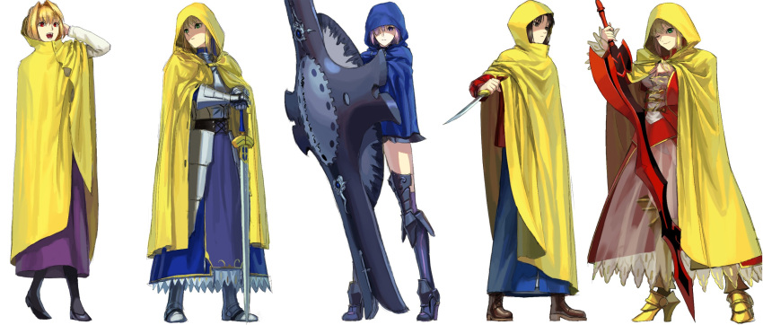 5girls aestus_estus arcueid_brunestud armor artoria_pendragon_(all) black_hair blonde_hair cloak excalibur fate/extra fate/grand_order fate/stay_night fate_(series) highres hood hooded_cloak kara_no_kyoukai knife long_skirt mash_kyrielight multiple_girls nero_claudius_(fate) nero_claudius_(fate)_(all) purple_hair raincoat reverse_grip ryougi_shiki saber shield skirt sword tsukihime weapon white_background zonotaida