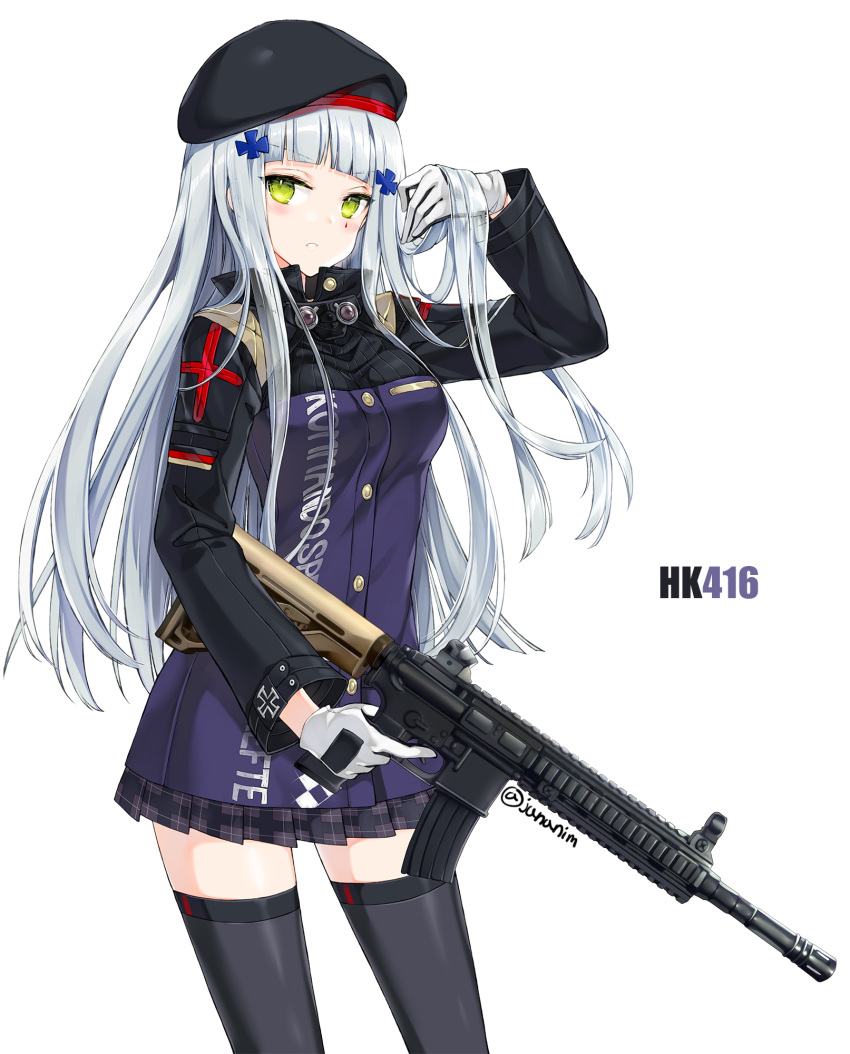 1girl assault_rifle bangs beret black_headwear black_legwear blunt_bangs blush breasts brown_skirt character_name commentary_request eyebrows_visible_through_hair facial_mark finger_on_trigger girls_frontline gloves green_eyes gun h&amp;k_hk416 hair_ornament hand_in_hair hand_up hat highres hk416_(girls_frontline) holding holding_gun holding_weapon jacket juna long_hair long_sleeves looking_at_viewer object_namesake parted_lips plaid plaid_skirt pleated_skirt purple_jacket rifle silver_hair simple_background skirt small_breasts solo thigh-highs twitter_username v-shaped_eyebrows very_long_hair weapon white_background white_gloves