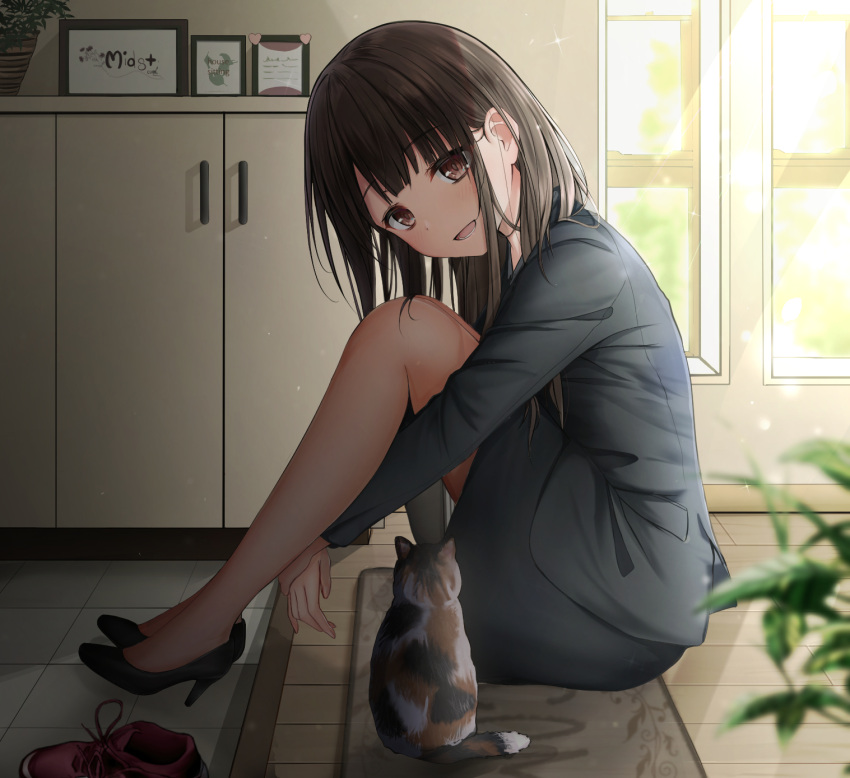 1girl :d animal bangs bare_legs black_footwear black_hair black_jacket black_skirt blazer blurry blurry_foreground blush breasts brown_eyes cat day depth_of_field head_tilt high_heels highres indoors jacket karu_(qqqtyann) knees_up leg_hug light_rays long_hair long_sleeves looking_at_viewer looking_to_the_side mat miniskirt open_mouth original pencil_skirt picture_frame plant potted_plant red_footwear shoes sidelocks sitting skirt smile sneakers solo sparkle sunbeam sunlight tile_floor tiles uniform