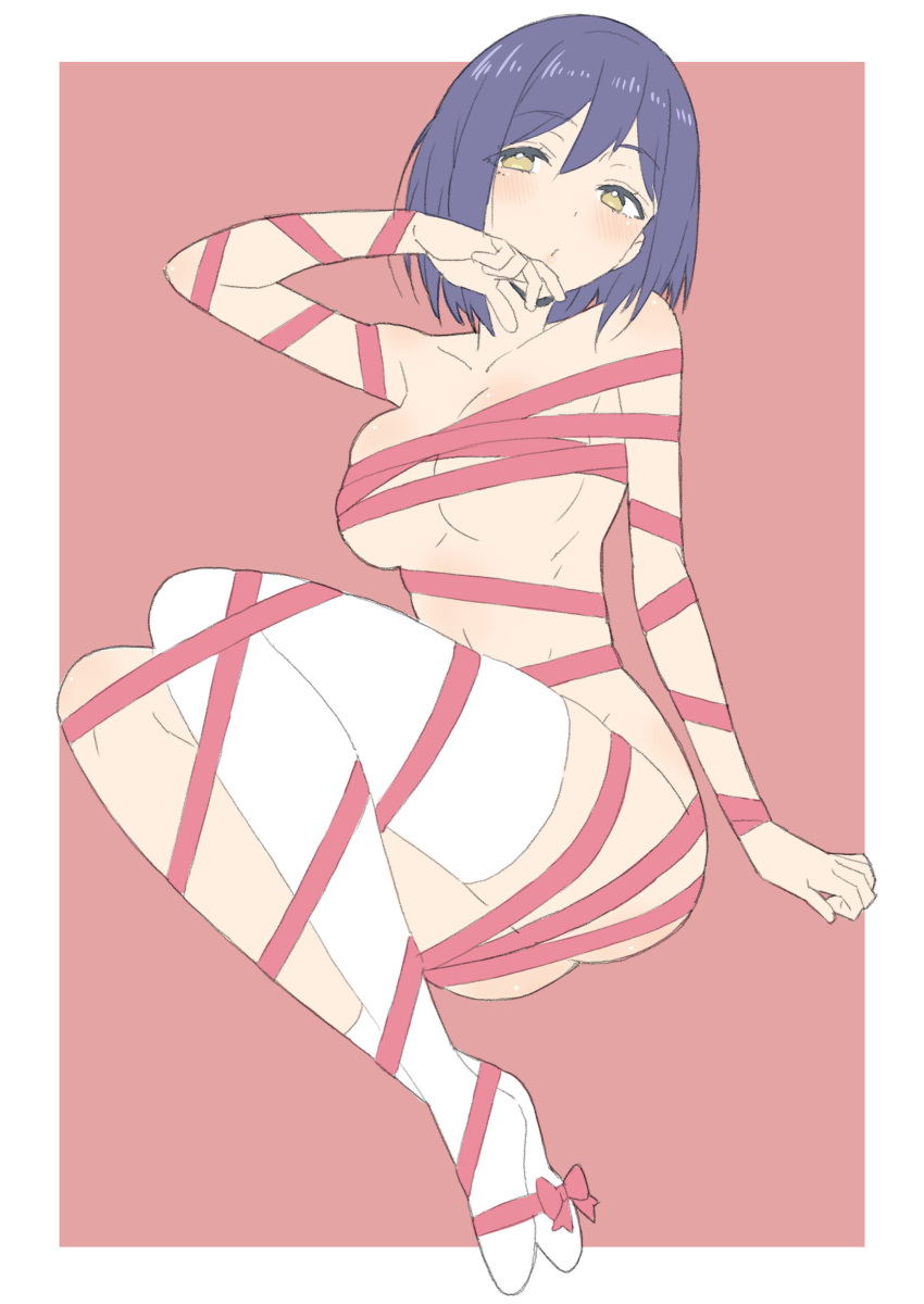 1girl absurdres arm_at_side arm_support asymmetrical_legwear bangs blush bob_cut border bow breasts donguri_suzume eyebrows_visible_through_hair full_body hair_between_eyes hand_up highres large_breasts legs_together looking_at_viewer mole mole_under_eye naked_ribbon nijisanji pink_background pink_ribbon purple_hair red_ribbon ribbon shizuka_rin short_hair simple_background single_sock single_thighhigh sitting socks solo thigh-highs white_border white_legwear yellow_eyes