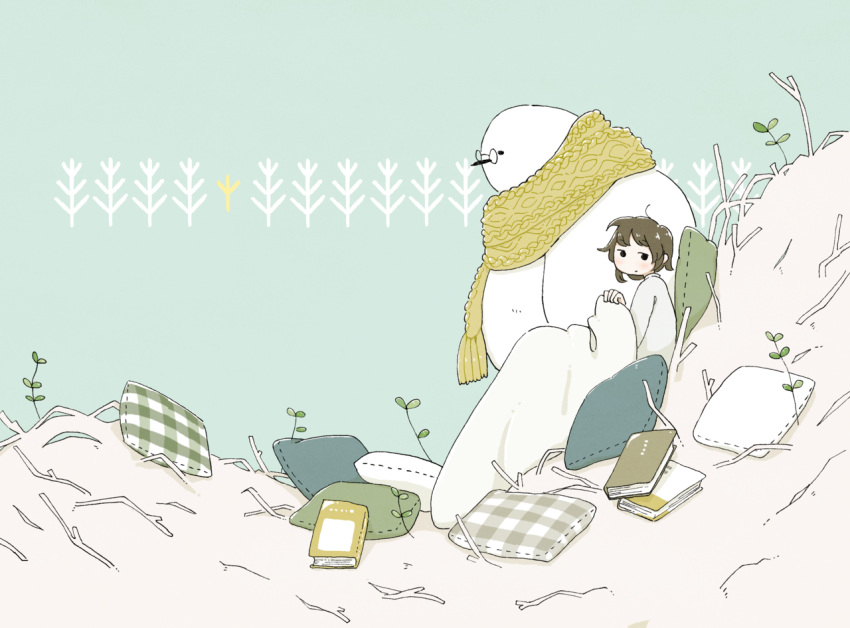 1girl animal bangs black_eyes blanket book brown_hair clothed_animal east_sha2 glasses leaf no_nose original pillow plaid_pillow plant scarf short_hair yellow_scarf