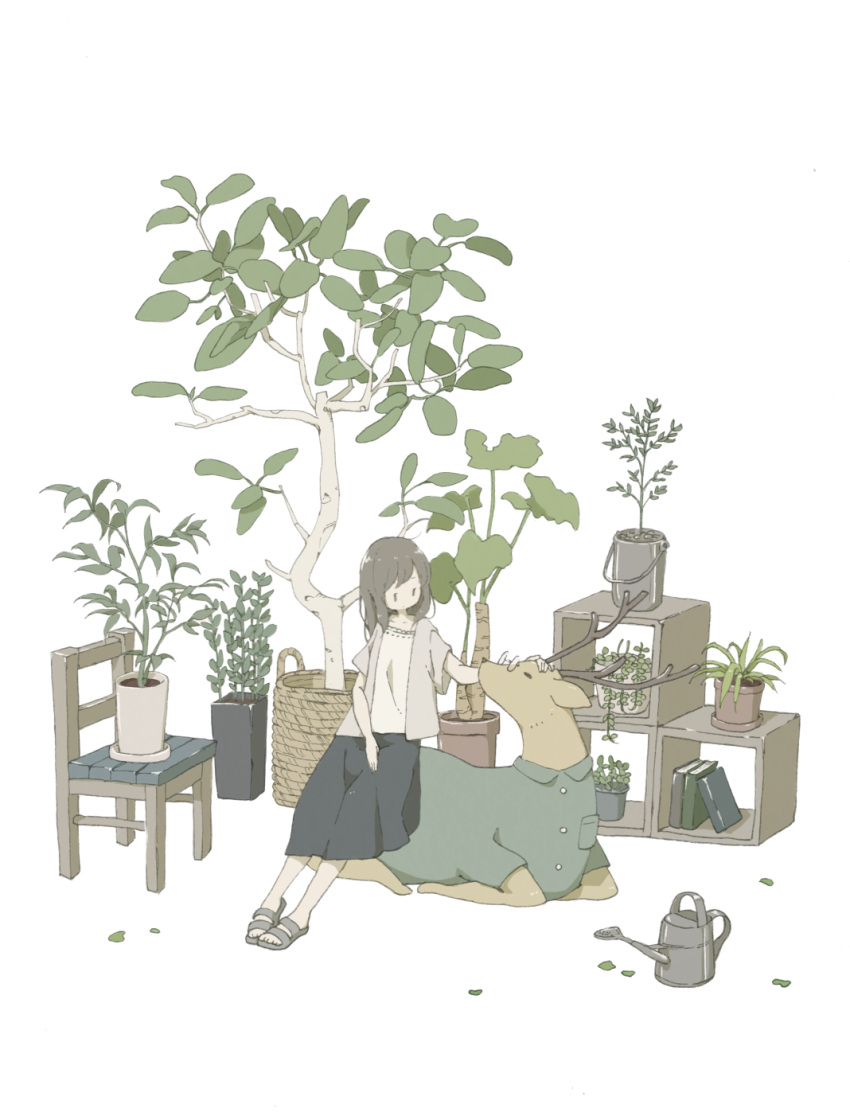 1girl animal antlers bangs black_skirt book breast_pocket chair clothed_animal collared_shirt east_sha2 glasses green_shirt highres leaf long_hair no_nose original petting plant pocket potted_plant sandals shelf shirt short_sleeves sitting sitting_on_animal skirt watering_can white_background