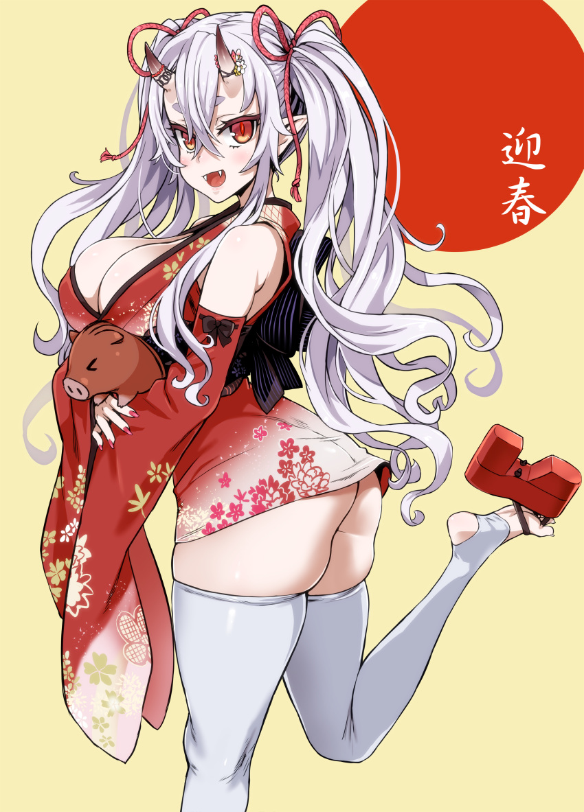 &gt;_&lt; 1girl :d absurdres asanagi ass bangs bare_shoulders black_bow black_ribbon blush boar bow breasts detached_sleeves enty_reward fangs floral_print hair_between_eyes hair_ornament highres horn_ornament horns japanese_clothes kimono large_breasts long_hair looking_at_viewer nail_polish new_year oni oni_horns open_mouth original paid_reward pig pink_nails platform_footwear pointy_ears red_eyes red_footwear red_kimono ribbon ribbon-trimmed_sleeves ribbon_trim sandals sash short_eyebrows silver_hair simple_background slit_pupils smile soles solo standing standing_on_one_leg thigh-highs twintails very_long_hair white_hair white_legwear zettai_ryouiki