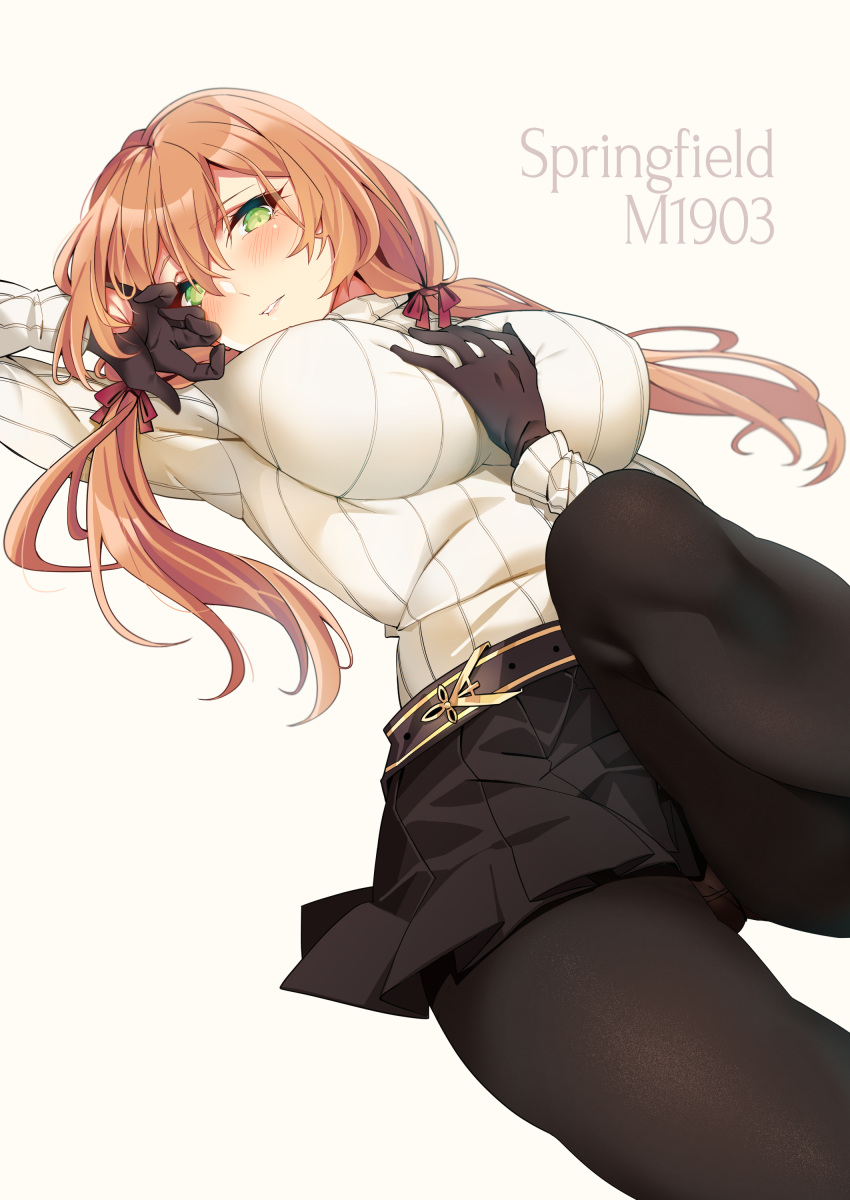 1girl absurdres alternate_costume alternate_hairstyle asakawa_(outeq) bangs beige_background belt black_gloves black_legwear black_skirt blush breasts brown_hair character_name commentary_request eyebrows_visible_through_hair girls_frontline gloves green_eyes hair_between_eyes hair_ribbon hand_on_own_chest hand_up head_tilt highres knee_up large_breasts long_hair long_sleeves looking_at_viewer lying m1903_springfield_(girls_frontline) on_back pantyhose parted_lips pleated_skirt red_ribbon ribbon sidelocks simple_background skirt solo sweater twintails white_sweater