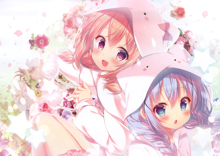 2girls absurdres alternate_hairstyle blue_eyes blue_hair blush bow braid eyebrows_visible_through_hair gochuumon_wa_usagi_desu_ka? hair_ornament highres hoto_cocoa kafuu_chino long_sleeves looking_at_viewer low_twintails mitsumomo_mamu multiple_girls open_mouth pink_bow redhead scan short_hair short_twintails smile twin_braids twintails violet_eyes x_hair_ornament