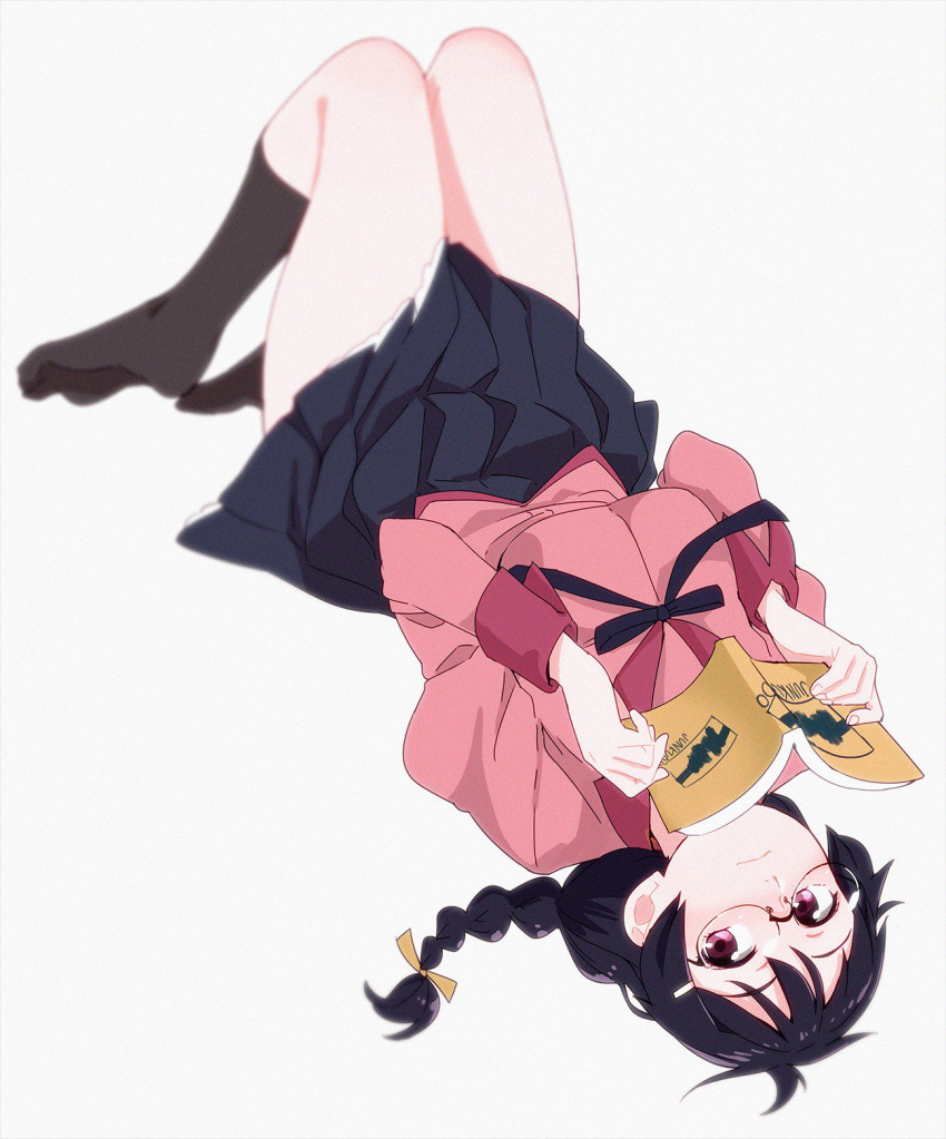 1girl bangs black_hair black_legwear book braid closed_mouth glasses hair_ornament hairclip hanekawa_tsubasa highres holding holding_book kneehighs long_hair long_sleeves lying monogatari_(series) ojipon on_back open_book pleated_skirt skirt solo violet_eyes white_background